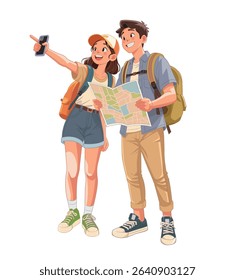 couple travelers with backpack and map
