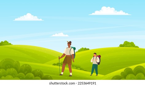 Couple travelers with backpacks and hiking stick walking together. Outdoor travelling and nature camping. Tourists on trip stand on green lawn. Tracking through mountains and trails, adventure time