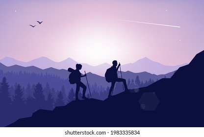 A couple of travelers climb to the top mountain. Abstract landscape, Vector polygonal landscape illustration, Minimalist style, Flat design. Travel concept of discovering, exploring. Adventure tourism