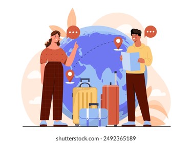 Dos viajeros. Hombre y mujer con maletas contra el telón de fondo del globo. Pareja planificando vacaciones y vacaciones. Viajes y turismo. Ilustración vectorial plana aislada sobre fondo blanco