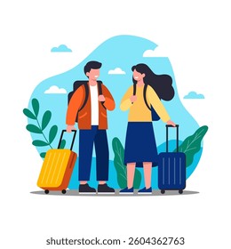 Couple travelers with suitcase and bag went on vacation. Traveling people concept in modern flat design. SHOTLISTtravel