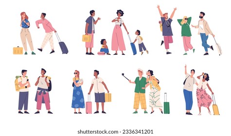 Pareja viajeros con maleta. Personajes turísticos familiares en viajes vacaciones de verano, jóvenes estudiantes amigos felices turismo personas estilo de vida viajero, elegante ilustración vectorial del turismo de pareja