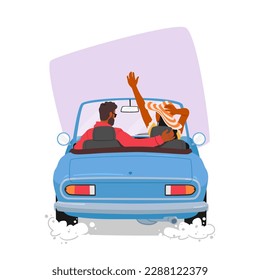 Couple Traveling By Car On Road Trip. Freedom, Adventure, And Excitement Of Exploring New Places Concept with Young Man and Woman Characters in Auto Rear View. Cartoon People Vector Illustration