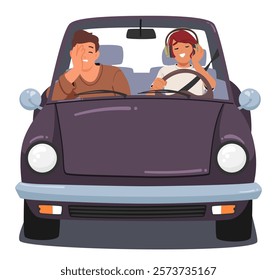 Couple traveling by car vector illustration isolated on white. Girlfriends driving listening music in headphones and singing. Irritated boyfriend feeling bored, exhausted, worried due to risky moving