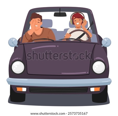Couple traveling by car vector illustration isolated on white. Girlfriends driving listening music in headphones and singing. Irritated boyfriend feeling bored, exhausted, worried due to risky moving