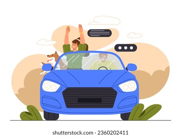 Couple traveling at car concept. Man and woman with dog in transport. Travellers at trip at road. Journey and vacation, holiday. Guy and girl at vehicle. Cartoon flat vector illustration