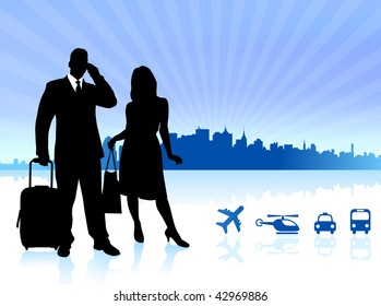 Couple traveling with City Skyline background Original Vector Illustration
