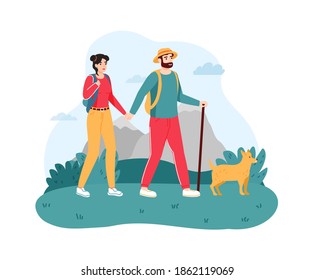 Couple traveling with dog. Young man and woman hiking or trekking on nature with stick. People having active adventurous trip, camping and spending time on fresh air vector illustration