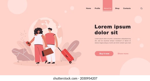 Couple traveling or moving to other country. Man and woman with bag and suitcase, globe background flat vector illustration. Tourism, vacation concept for banner, website design or landing web page