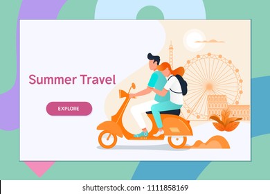 Couple traveling on a scooter.Summer vacation, tourism and journey, couple travels.Vector illustration