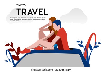 couple traveling on top a car illustration