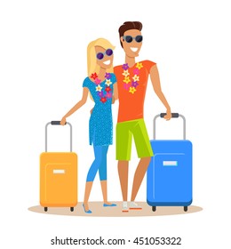 Couple traveling together during summer vacation vector in flat design. Honeymoon in exotic countries concept. Young man and woman with necklace of flowers embracing and holding suitcases. Isolated.