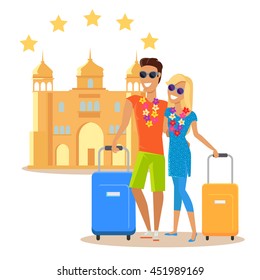 Couple traveling together during summer vacation vector in flat design. Honeymoon in exotic countries concept. Young man and woman with necklace of flowers embracing and holding suitcases near hotel.