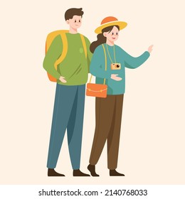 Couple traveling together on vacation with buildings and plants in the background, vector illustration