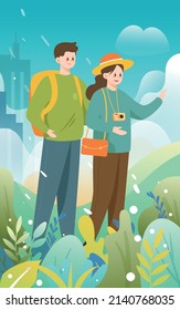 Couple traveling together on vacation with buildings and plants in the background, vector illustration