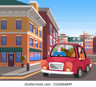 Couple are traveling together using car. People in relationship driving around city and looking at buildings on guided tour. Man and woman travel countries. Guy with girl spend time abroad together