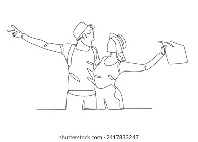 Couple traveling for vacation. Travel one-line drawing. Travel one-line drawing