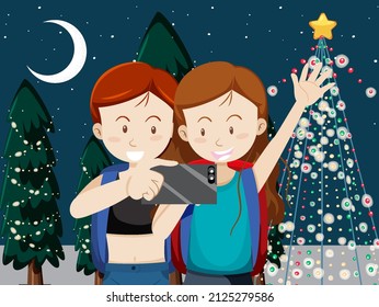 Couple traveller taking selfie with Christmas tree background illustration
