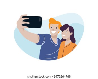 
Couple traveller taking a selfie.
Travelling people flat style illustration. Suitable for website, travel agencies, poster, and other printing material.