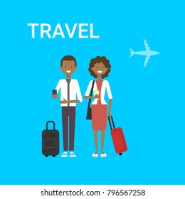 Couple Of Travellers With Bag Young African American Man And Woman Tourists Travel On Air Blue Background With Airplane Flat Vector Illustration