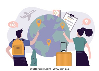 Couple of travellers search some places and locations for vacation and travel. Planning trip, checklist. Summer vacation, recreation and tour concept. Airplane travel. Flat vector illustration