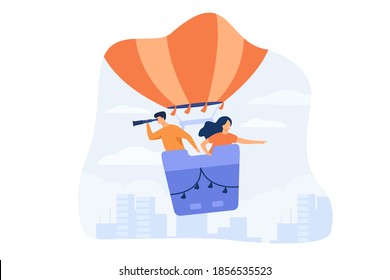 Couple travelling by air balloon, using spyglass. Employers searching for professionals for hiring. Vector illustration for recruitment, head hunting, job concept