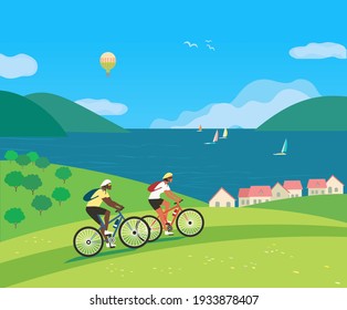 Couple Travelling by Bycicles on Seaside vector. Landscape village rural houses seascape cartoon. Hand drawn carefree adventure trip on summer seascape background. Vacation travel to sea illustration