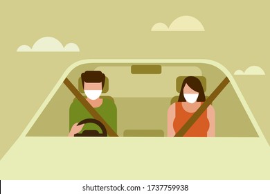 Couple Travelling In A Car Wearing Mask To Prevent The Viral Disease Spread.