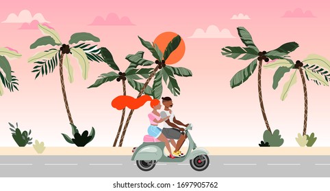 Couple travelling on scooter. Tropical sunset view. Cute young man and his girlfriend enjoying summertime. Warm summer evening. Hand-drawn vector illustration for web banner design. Travel, vacation.