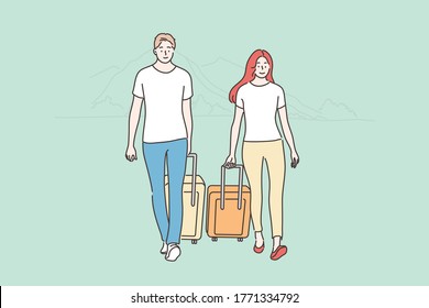 Couple, travelling, tourism concept. Young happy man woman boyfriend girlfriend travelers tourists walk with luggage together. Discovery and exploration or adventure lifestyle recreation illustration.