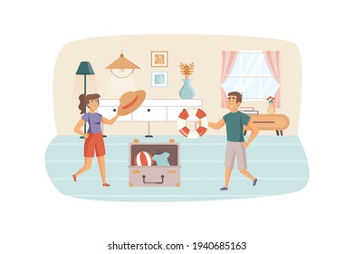 Couple travels together scene. Man and woman packing things in suitcase, preparing for vacation. Seaside resort, summer rest by sea concept. Vector illustration of people characters in flat design