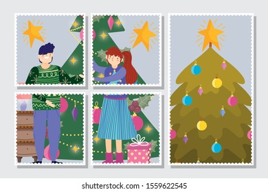 couple with trees decoration tree merry christmas, happy new year cards vector illustration