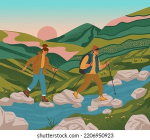 Couple trekking in mountains and crossing river. Travel adventure and hiking concept vector poster. Man and woman with backpack in outdoor nature landcape