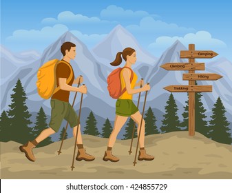 Couple Trekking in Mountains. Man and Woman Hiking