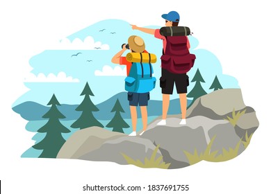 Couple trekking on mountain. Man and woman traveling in mountains, standing on top, girl looking in binoculars, man pointing with finger. Tourist outdoor scene vector. Climbing together.