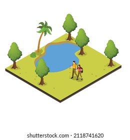 Couple trekking on park isometric 3d vector illustration concept banner, website, landing page, ads, flyer template