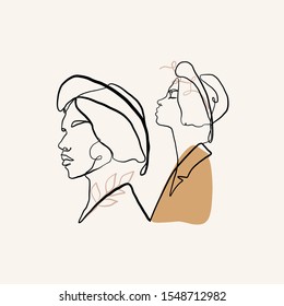 Couple trendy abstract girls in hat. One continuous line drawing.Beauty fashion minimalism logo
