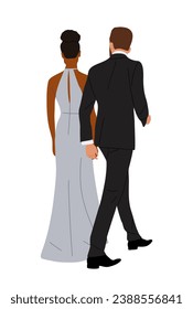 Pareja en la ropa de moda de la noche retrovista ilustración vectorial. Hombre elegante, mujer lista para Navidad, Año Nuevo, evento de boda. Pareja de moda con elegante ropa en fondo blanco.