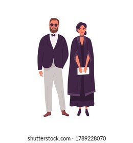 Couple in trendy evening clothes standing together vector flat illustration. Stylish man and woman ready to event wearing classy apparel isolated. Fashionable pair in elegant wear and accessories