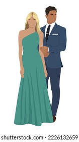 Couple in trendy evening clothes standing together vector realistic illustration isolated on white. Stylish man and woman ready to Christmas or wedding event . Fashionable pair in elegant wear.