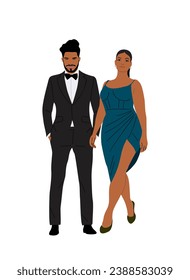 Couple in trendy evening clothes standing together vector illustration. Stylish man, woman ready for Christmas, New Year, wedding event. Fashionable pair in elegant wear on white background.