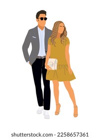 Pareja en la noche de moda, cóctel, ropa de fiesta parados juntos vectorial ilustración realista aislado en blanco. Hombre y mujer elegante listos para el evento formal. Pareja de moda con ropa elegante.