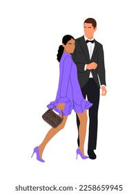 Couple in trendy evening, cocktail, party clothes walking together vector realistic illustration isolated on white. Stylish man and woman ready to formal event . Fashionable pair in elegant wear.