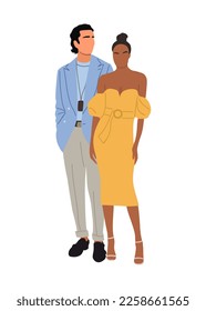 Couple in trendy evening, cocktail, party clothes walking together vector realistic illustration isolated on white. Stylish man and woman ready to formal event . Fashionable pair in elegant wear.
