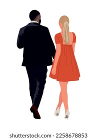 Couple in trendy evening, cocktail, party clothes standing back view vector realistic illustration isolated. Stylish man and woman ready to formal event, celebration. Fashionable pair in elegant wear.