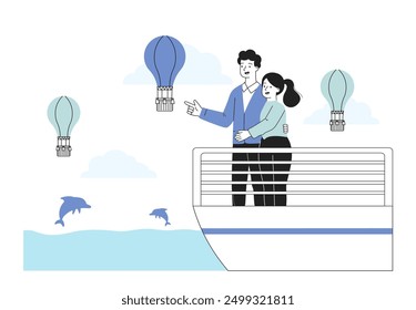 Viaje de pareja en barco. El hombre y la mujer en el mar y el océano miran a los delfines y los globos aerostáticos. Viajes y turismo. Pareja en un crucero romántico. Ilustración vectorial lineal aislada sobre fondo blanco