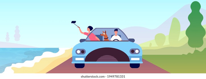 Couple trip. Person car travel, honeymoon on beach with dog. Country adventures, spring summer romantic vacations utter vector illustration