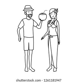 couple with tropical beverage black and white