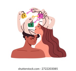 La pareja confía en el otro, comparte secretos con amor y comprensión mutua. Concepto de psicología. Los socios cuidan, aceptan. Desbloqueando mundos interiores. Ilustración vectorial plana aislada sobre fondo blanco