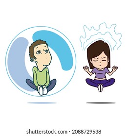 Pareja tratando de concentrarse o fingirlo. El tipo está dentro de una burbuja, la chica está levitando. Meditación, yoga o centro de relajación.